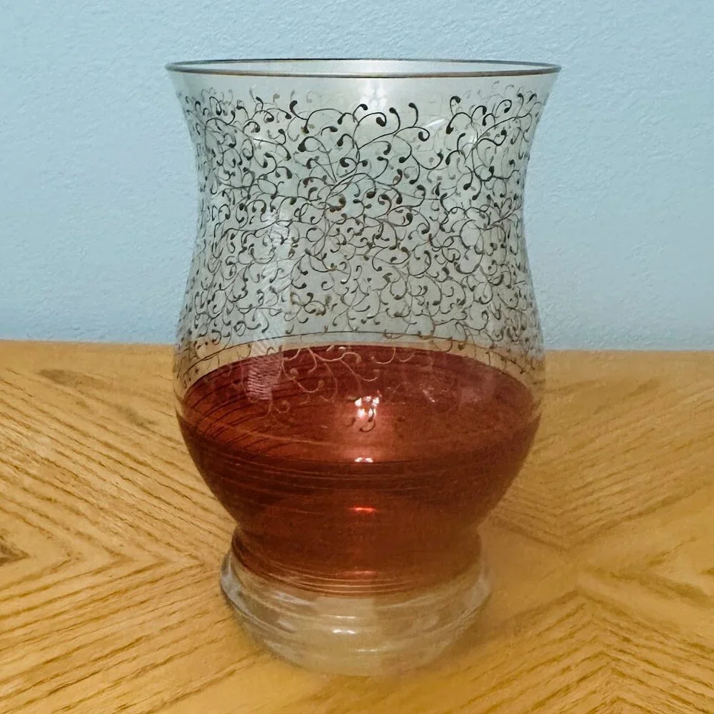 Glass Pier 1 Hand Painted Pillar Candle Holder Vase Red Gold 10.5” Tall
